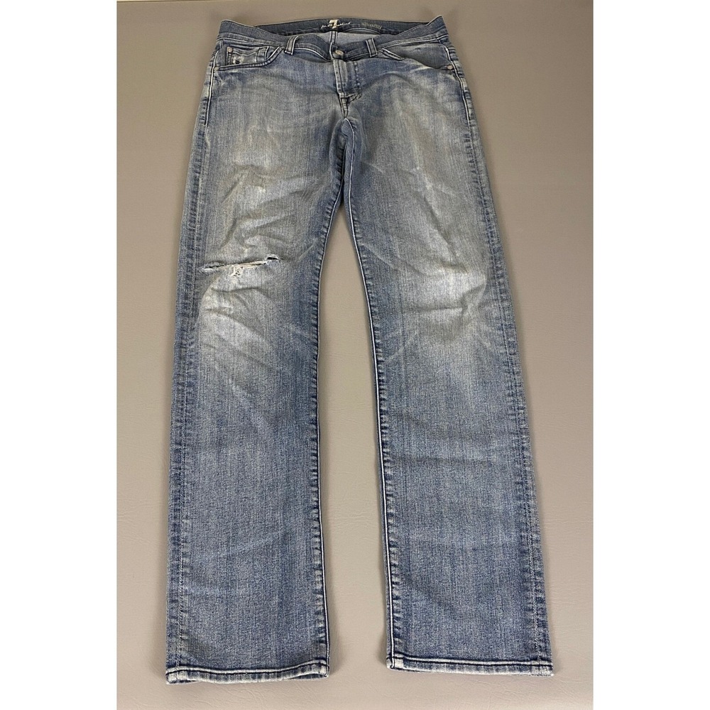 7 For All Mankind Slimmy Jeans Mens Size 33x34 Blue‎ Distressed Denim Light Wash